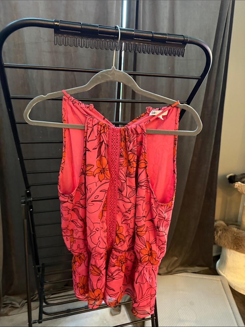 DR2 Pink Floral Sleeveless Blouse with Orange Accents